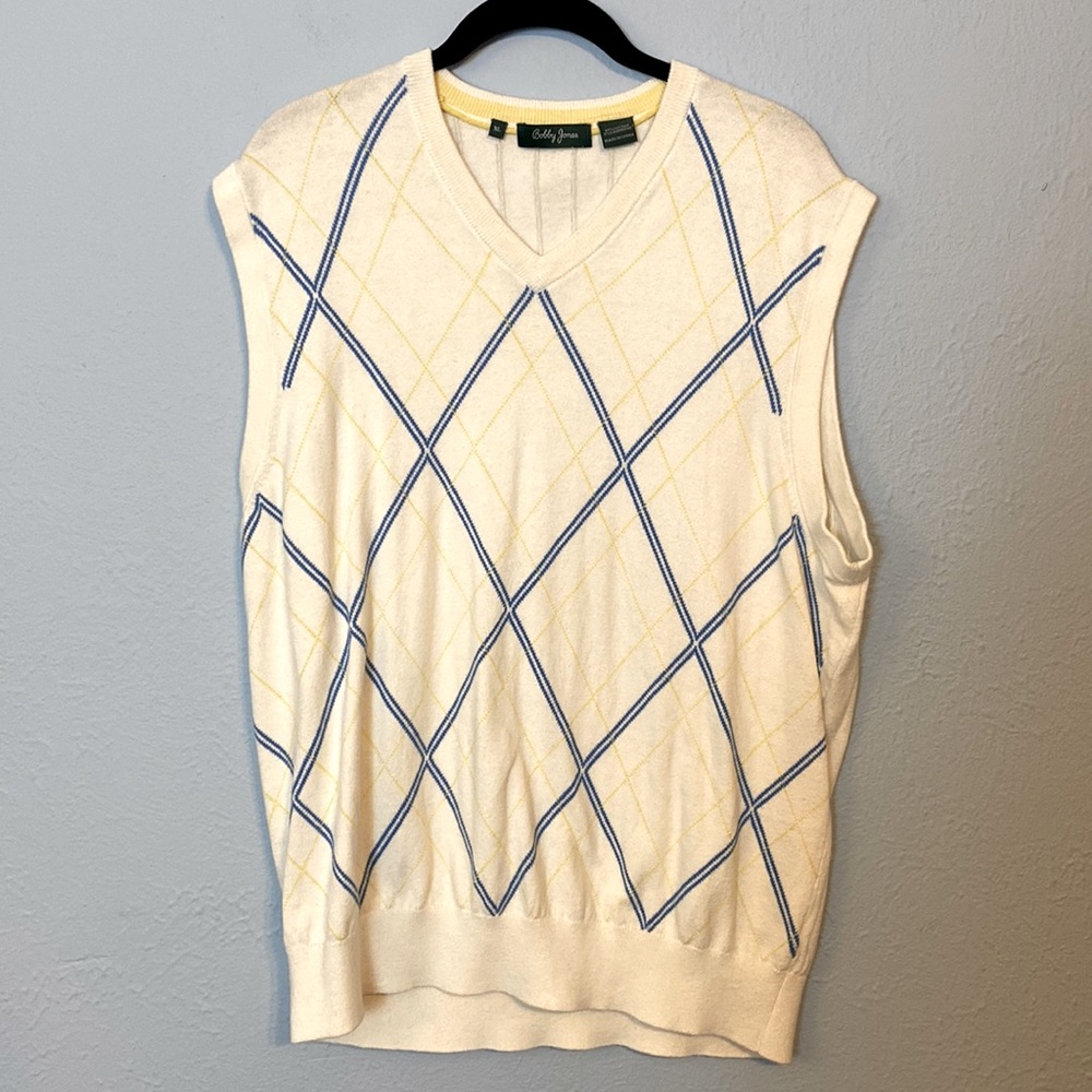 Bobby Jones Mens Size XL Vintage White Golf Sweater Vest Argyle Blue Yellow Prep